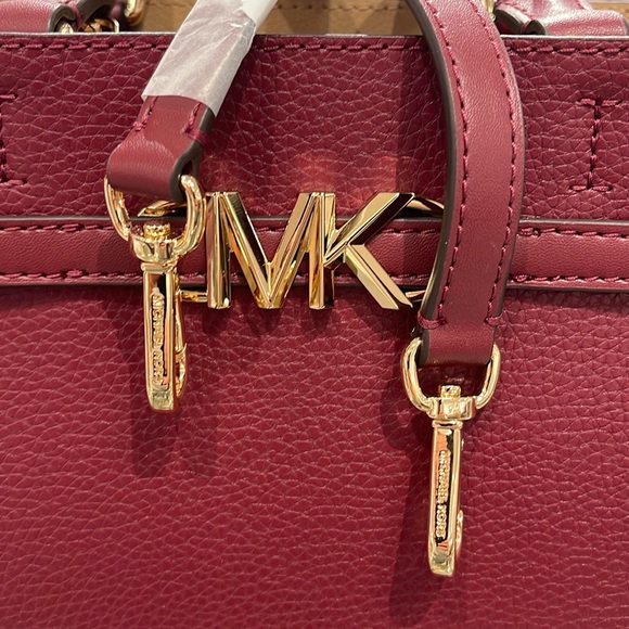 Michael Kors Reed Small Dark Cherry Leather Center Zip Belted Satchel Bag Purse - Picture 9 of 16